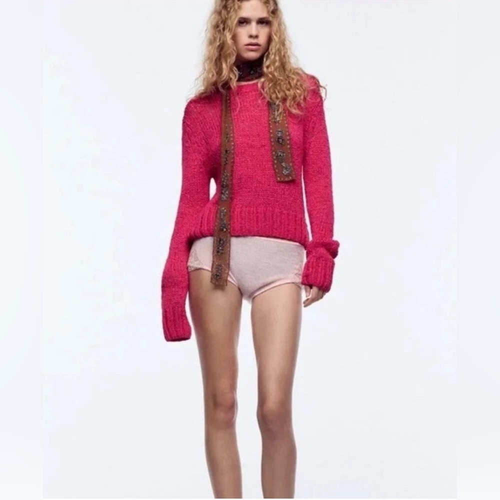 Zara Rustic Cotton Knit Sweater – Hot Pink – Size Small